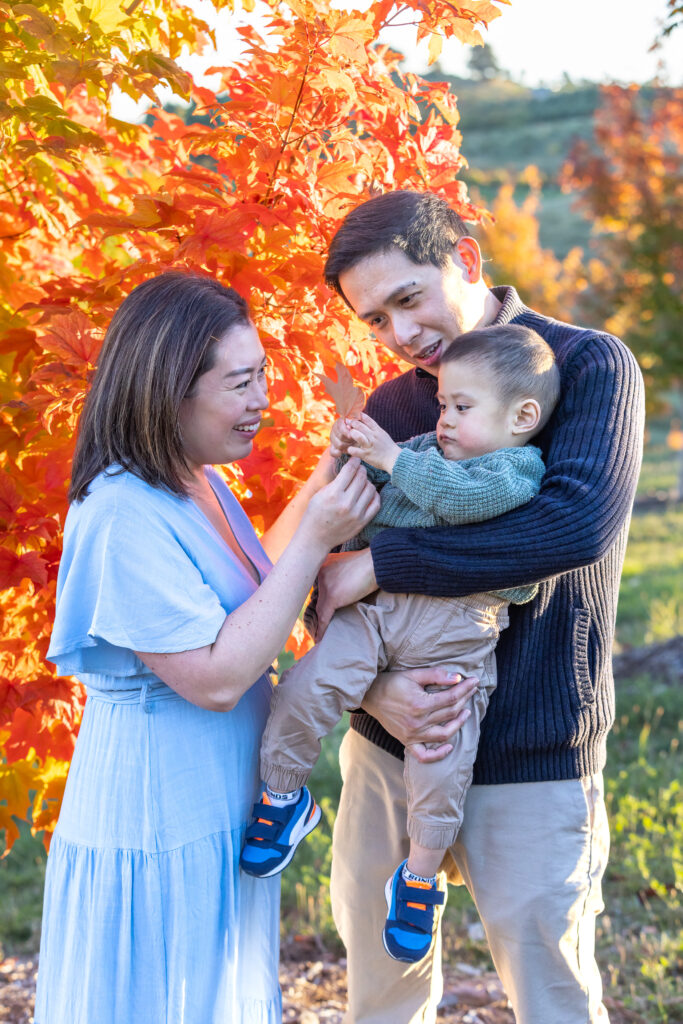 Parents with a young child holding an autumn leaf at the National Arboretum Canberra