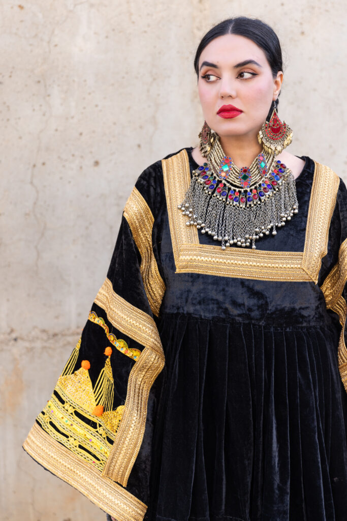 Embroidery detail on RAAZ brand Afghan-inspired dress, Canberra